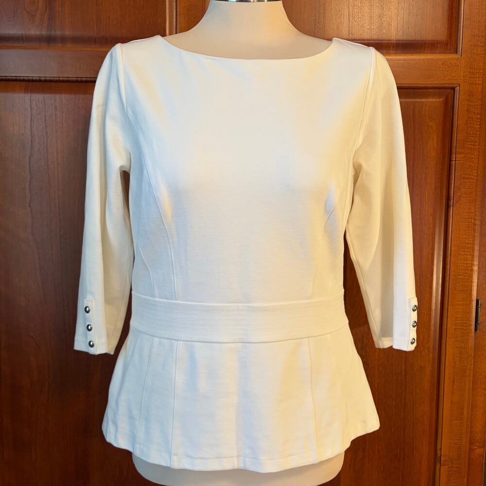 White House Black Market Ivory Jersey Knit 3/4 Sleeve Peplum Top Womens 10